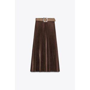 ZARA BELTED FAUX SUEDE EFFECT PLEATED MIDI SKIRT
